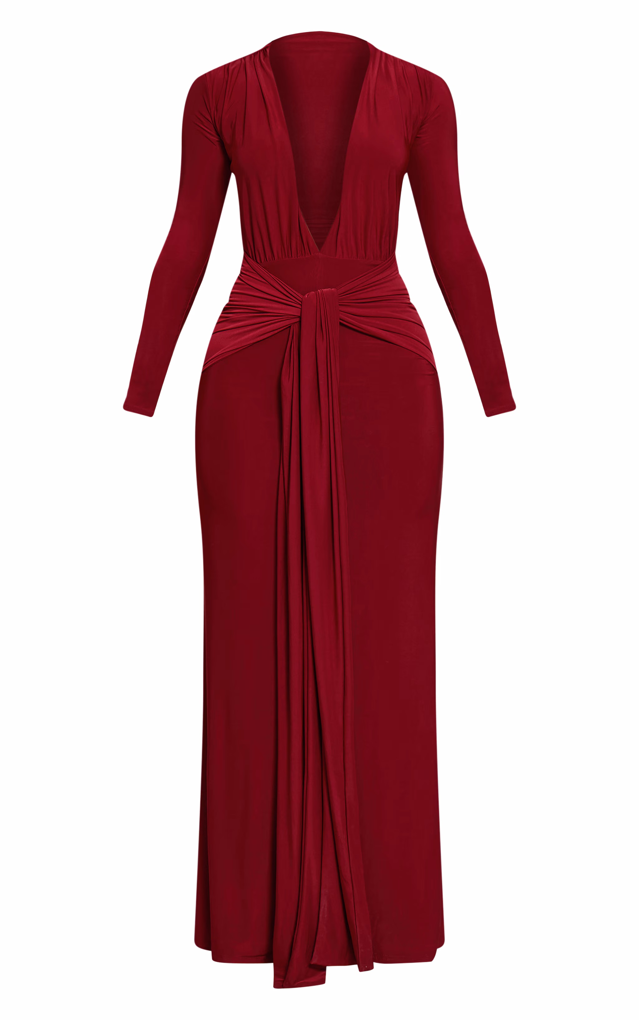 Petite Burgundy Double Layer Slinky Long Sleeve Ruched Tie Front Maxi Dress