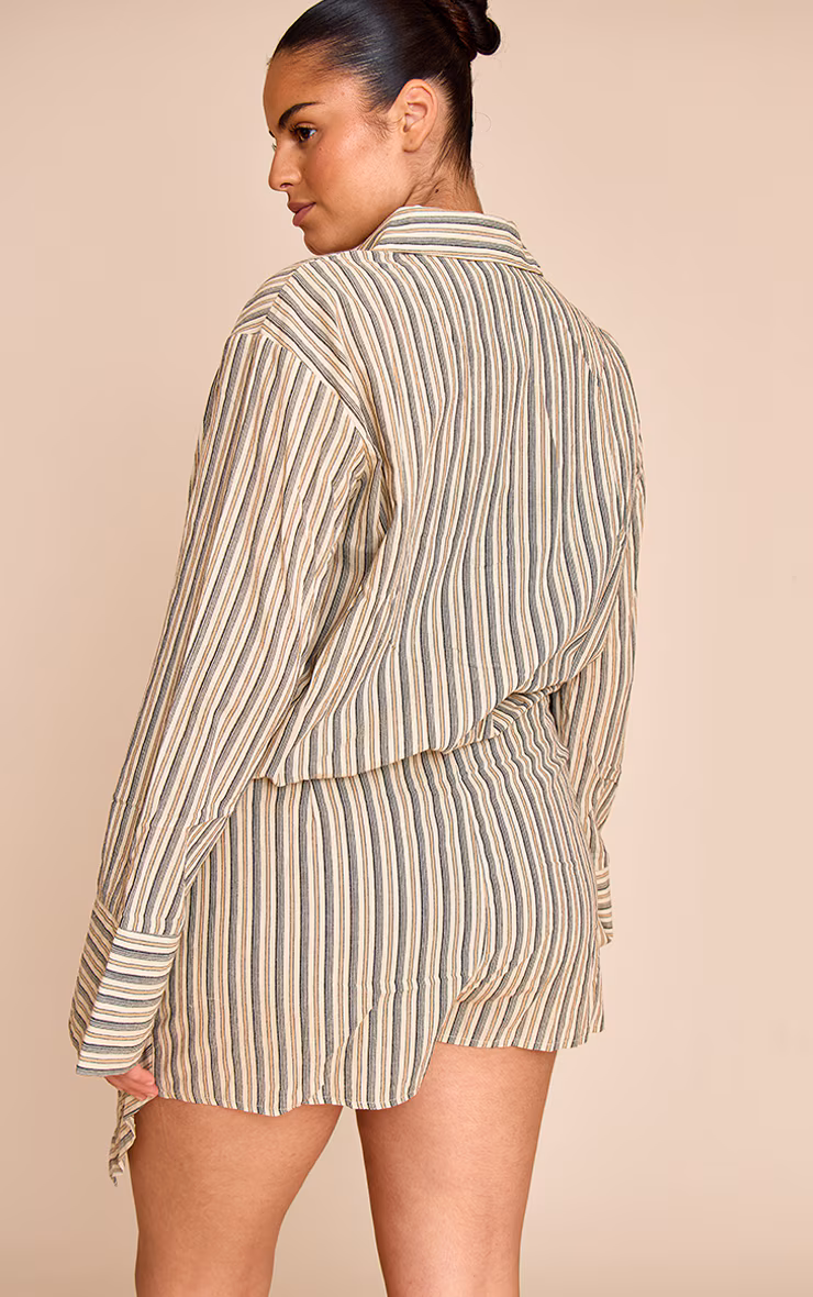 Plus Stone Linen Look Stripe Shirt Style Long Sleeve Skort Romper