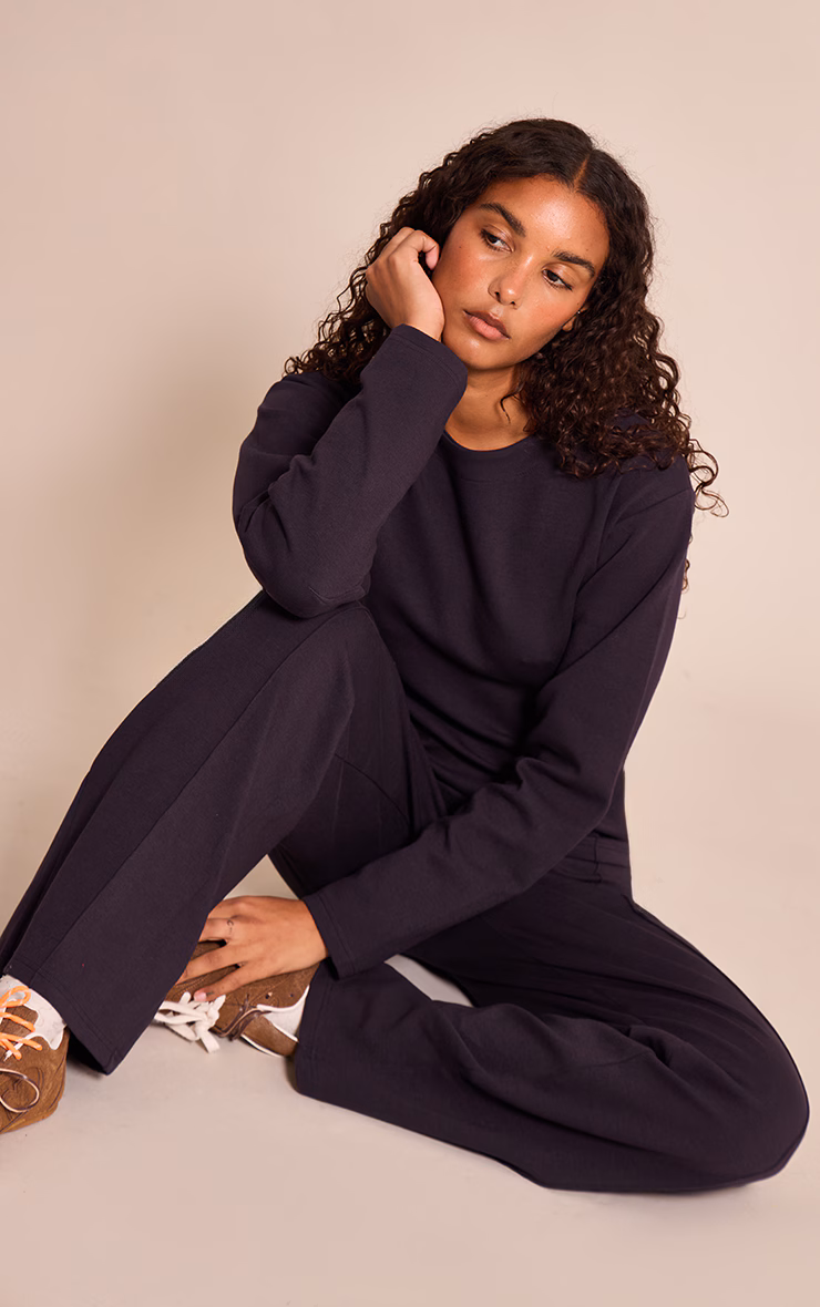 Navy Interlock Pintuck Straight Leg Sweatpants