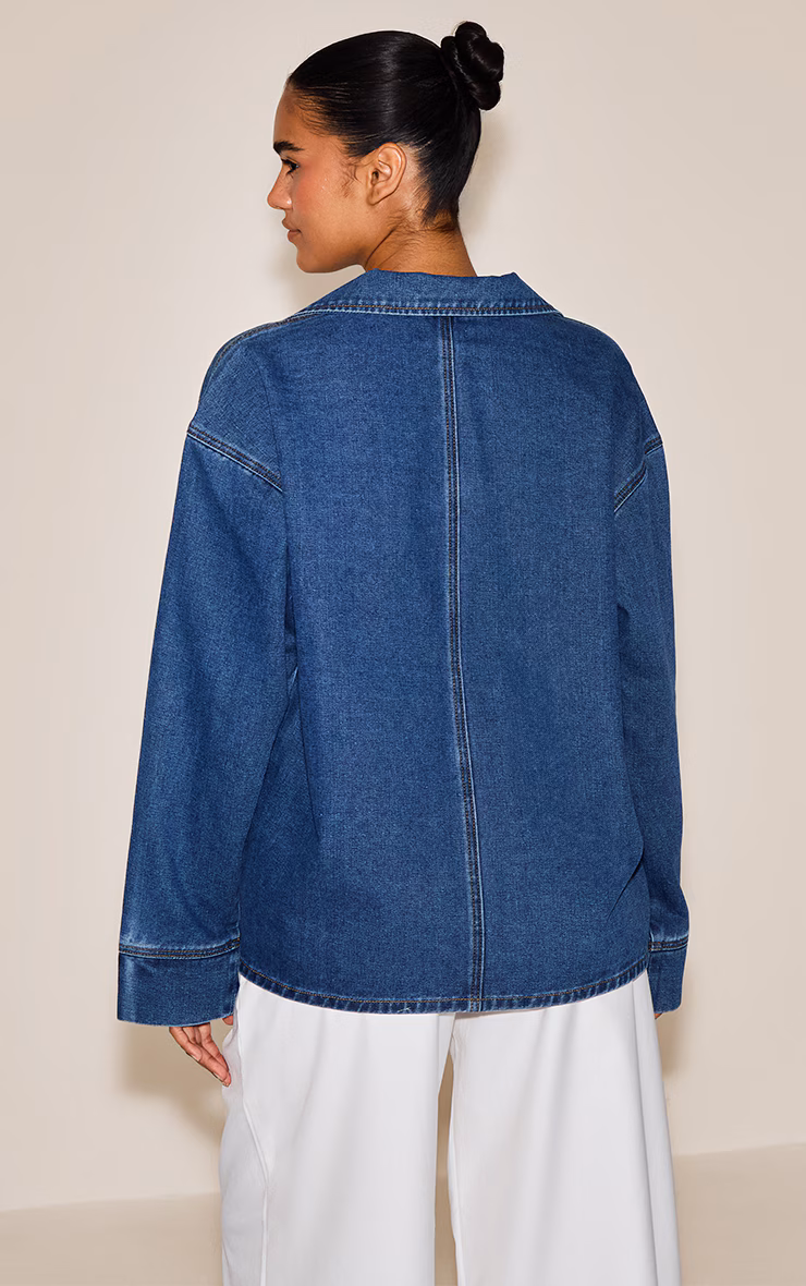 Mid Blue Wash Long Sleeve Oversized Denim Rugby Shirt