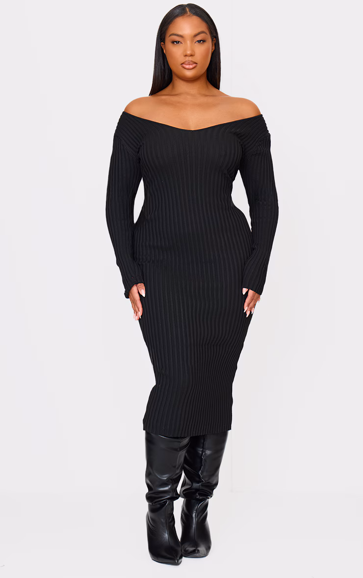Plus Black Off Shoulder Rib Knitted Midaxi Dress