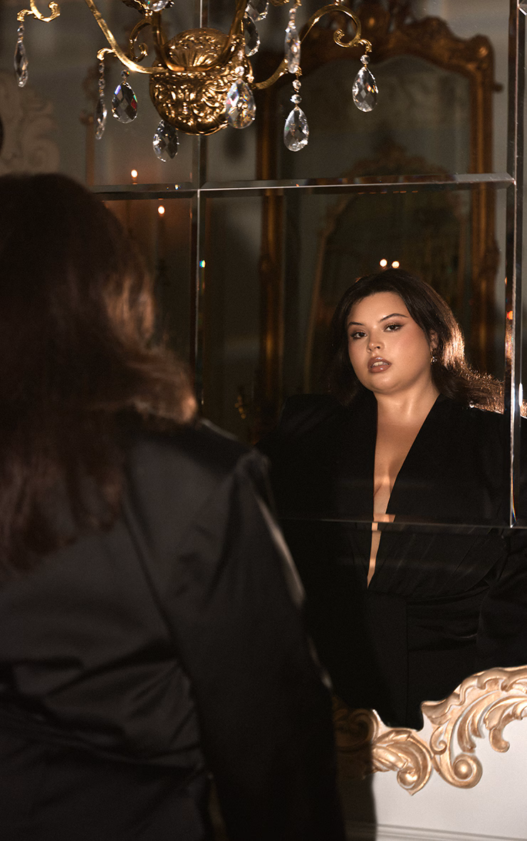 Plus Black Structured Satin Drape Detail Blazer Dress