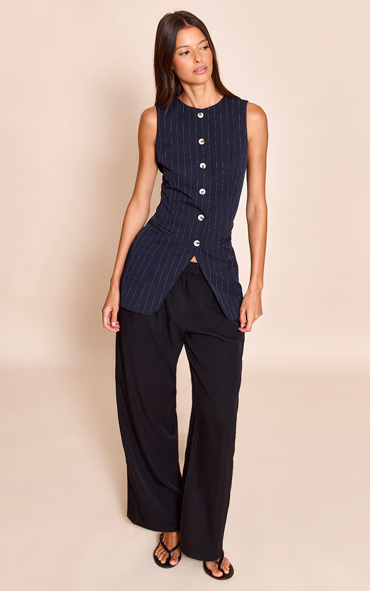Navy And White Pinstripe Button Up Vest