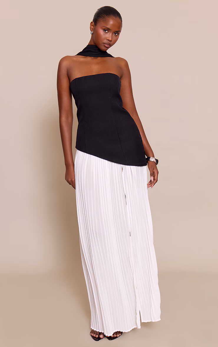 Black Contrast Pleated Skirt Maxi Dress