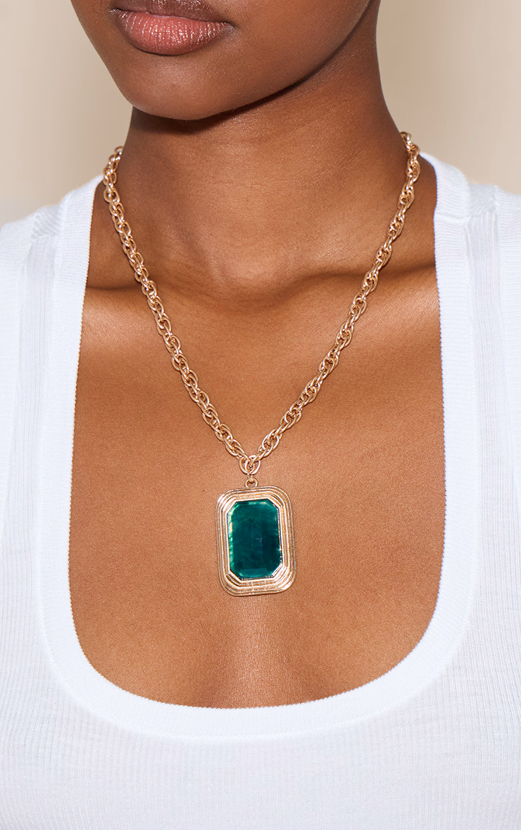 PLT Label Green Pendant Gold Chain Necklace