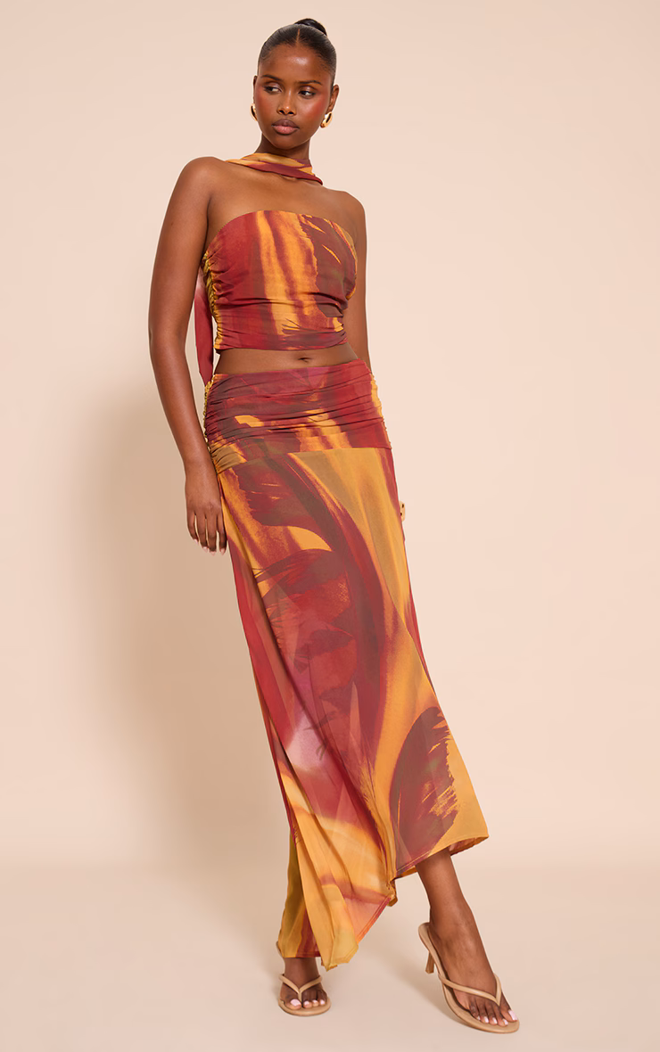 Multi Abstract Printed Chiffon Scarf Detail Ruched Bandeau Top