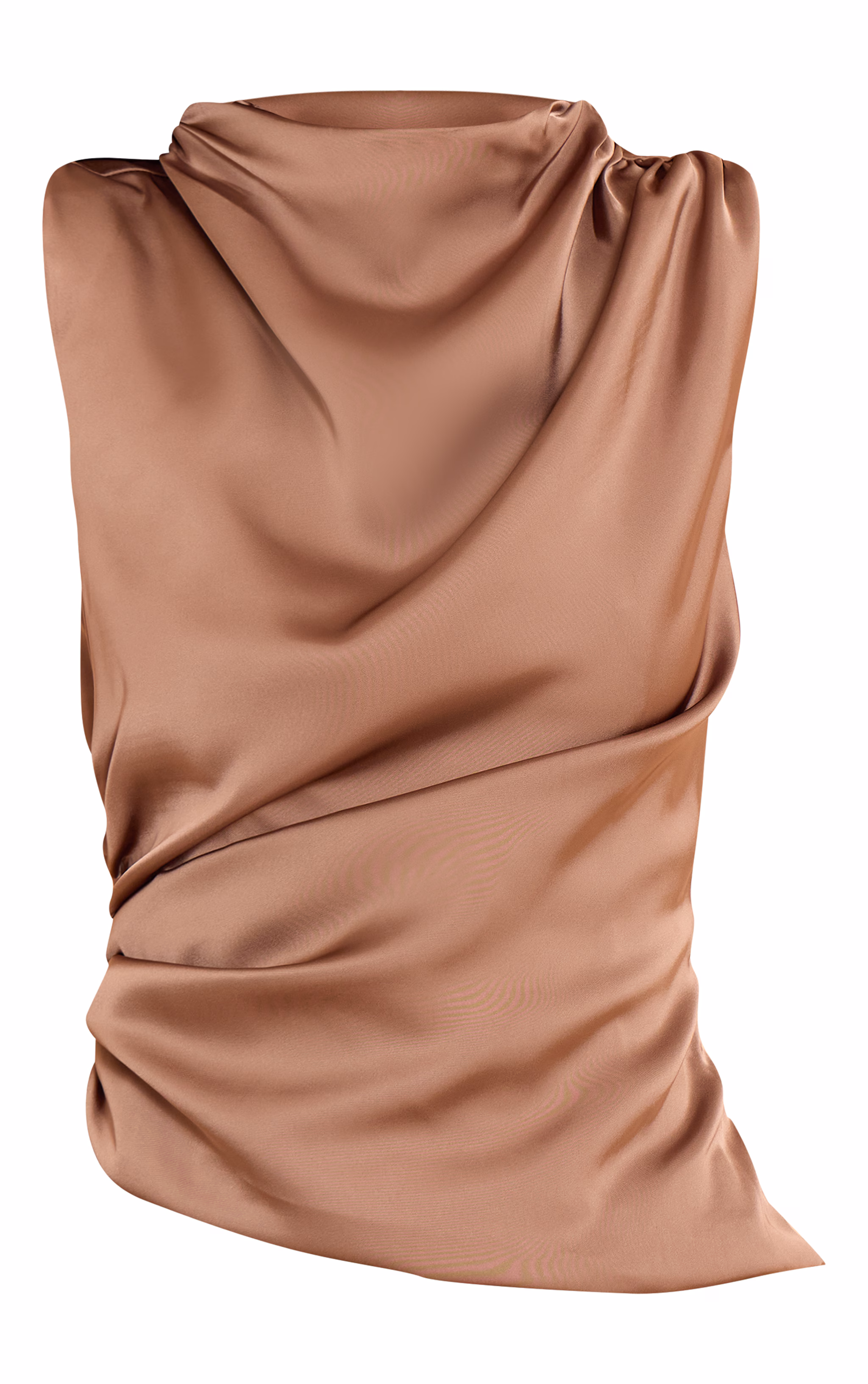 Mocha Satin Ruched Side Shoulder Detail Long Top
