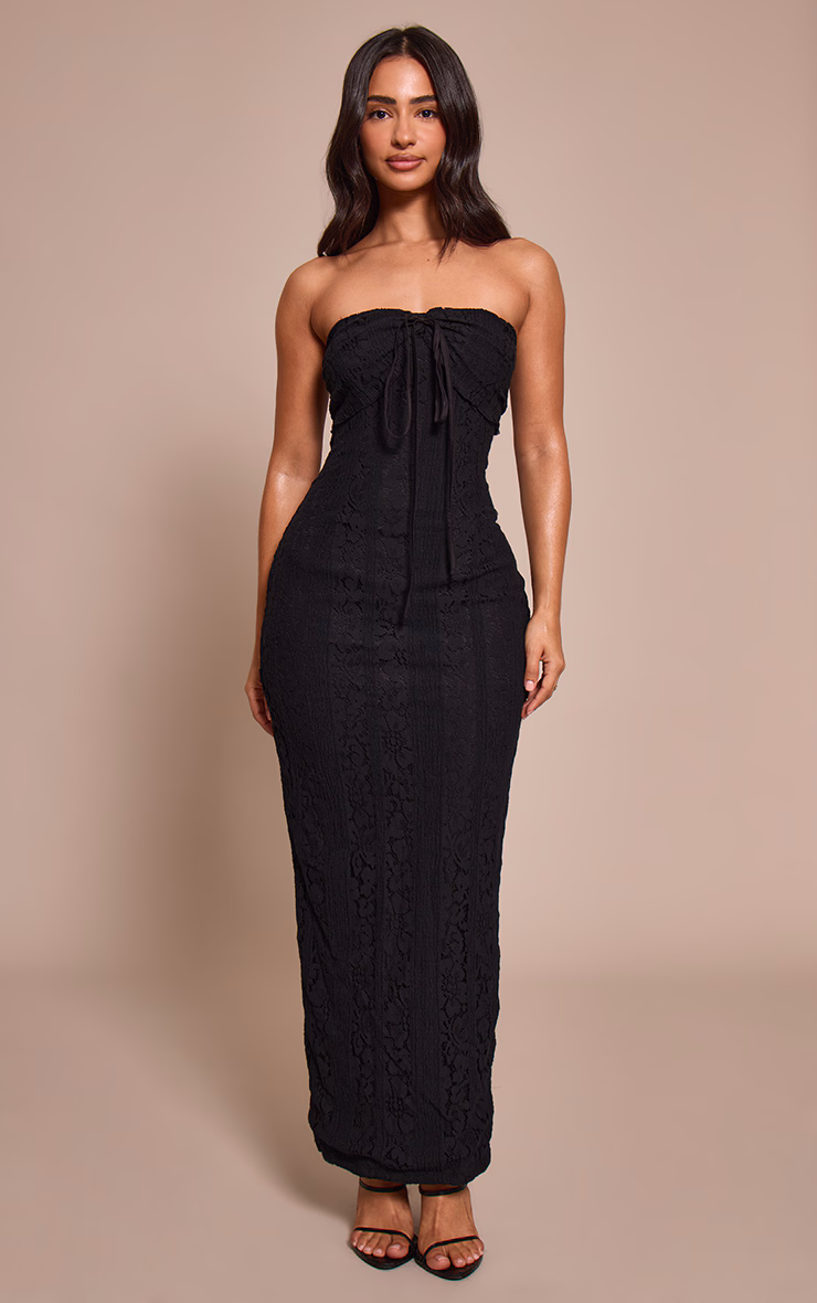 Petite Black Fitted Lace Bandeau Maxi Dress
