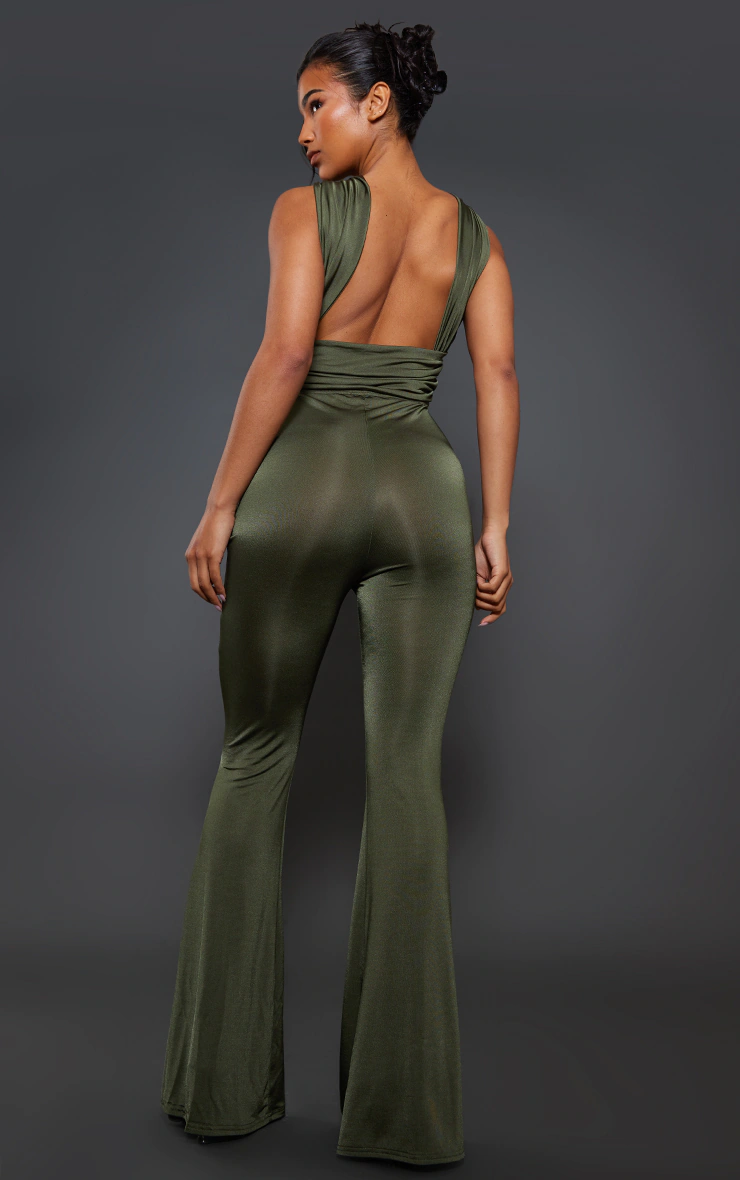 Moss Khaki Cross Strap Ruched Detail Flared Slinky Jumpsuit