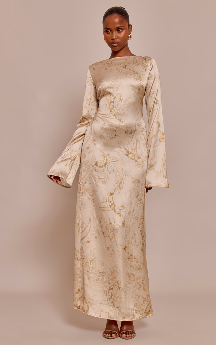 Pale Chartreuse Paisley Printed Satin Flute Sleeve Maxi Dress