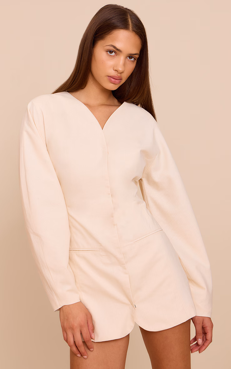 Natural Woven Balloon Sleeve Collarless Blazer Dress