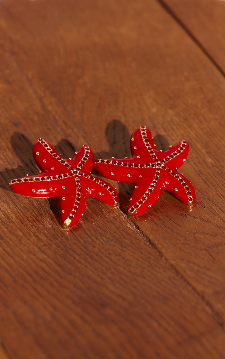 Red Beaded Starfish Detail Statement Earrings
