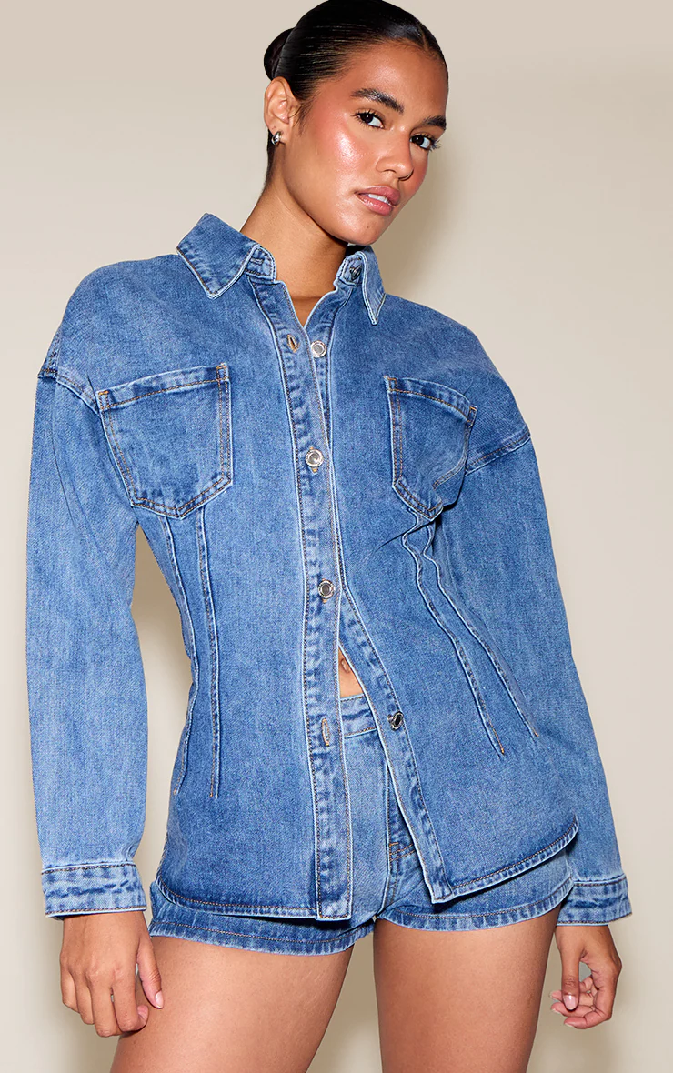 Mid Blue Wash Seam Detail Cinch Waist Longline Shirt