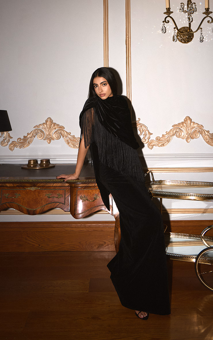 Black Velvet Extreme High Neck Ruched Maxi Dress