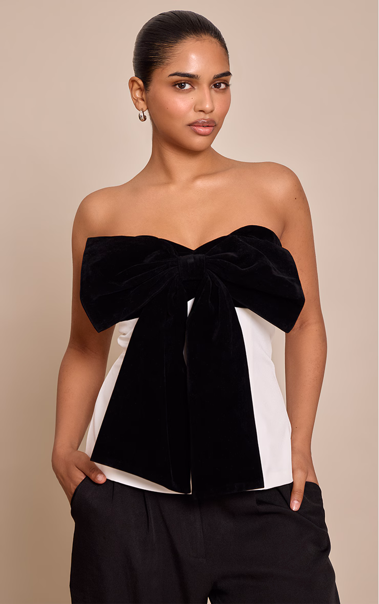 Petite Black Velour Contrast Bow Bandeau Top