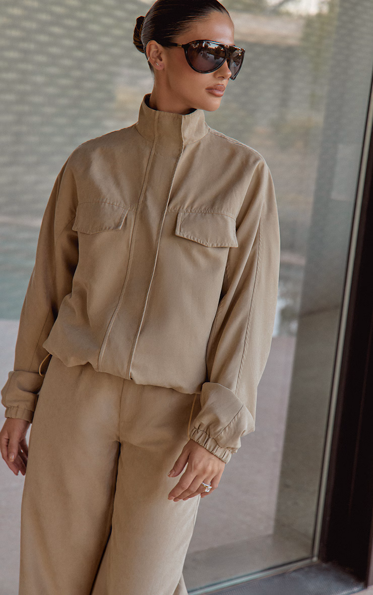 Sand Peach Skin Zip Up High Neck Jacket