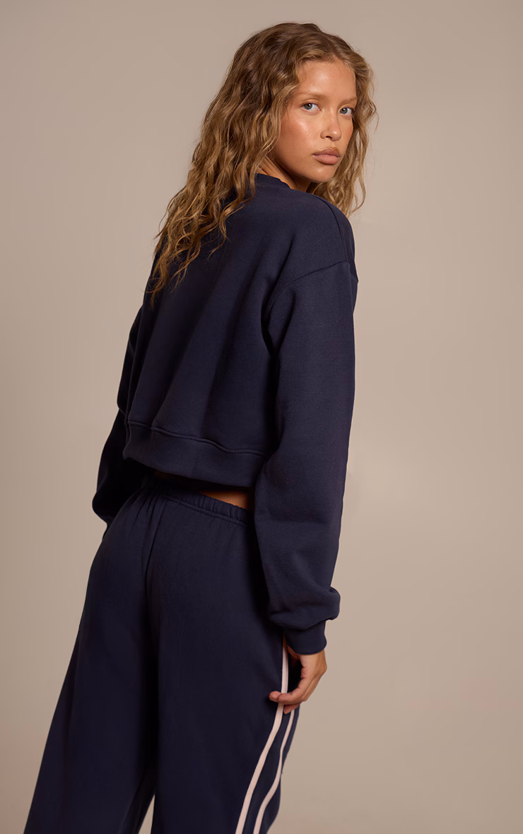 Navy Sports Club Print Cropped Sweatshirt