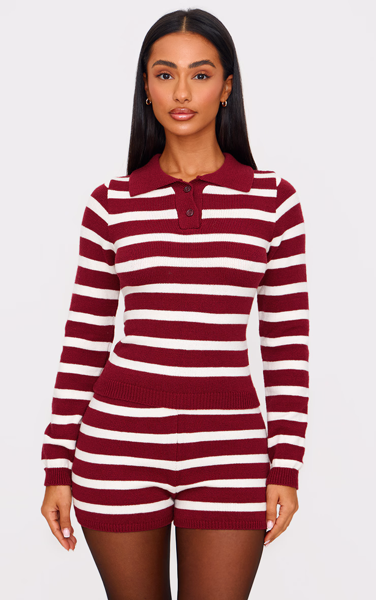 Petite Burgundy Knitted Stripe Collar Detail Long Sleeve Top