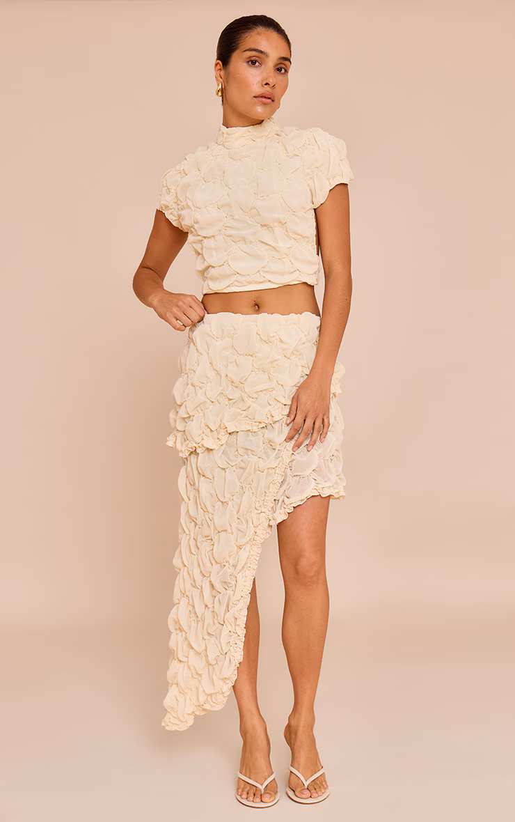 Petite Almond Textured Asymmetric Tiered Frill Skirt