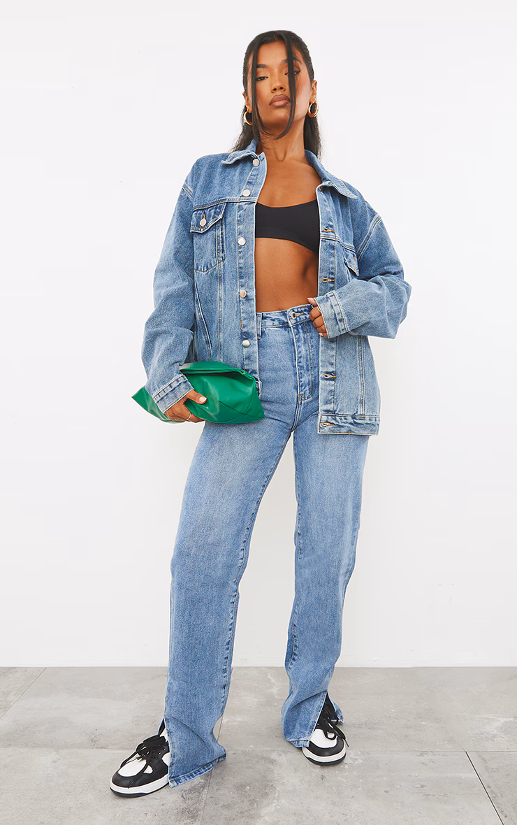 Mid Blue Wash Split Hem Straight Leg Jeans