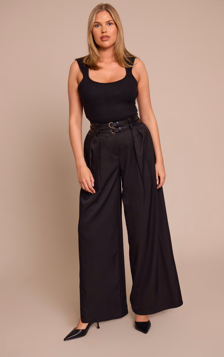 Shape Black Double Belted Tailored Wide Leg Pant