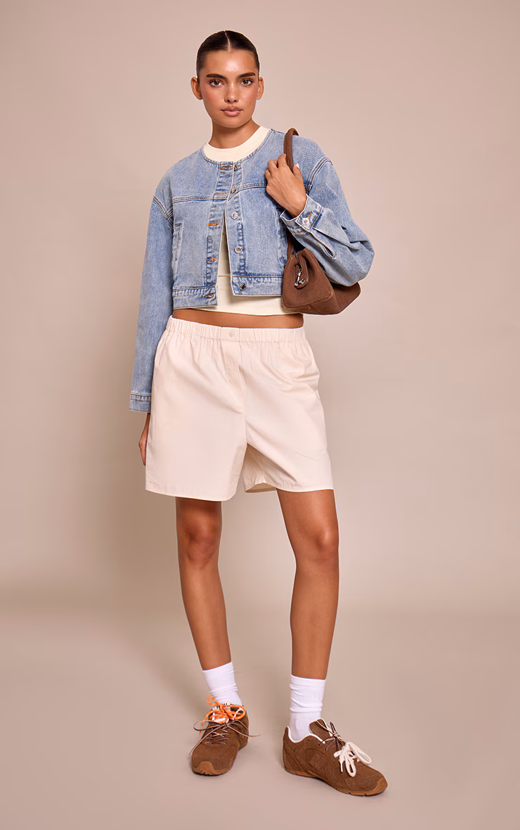 Mid Blue Wash Collarless Cropped Denim Jacket