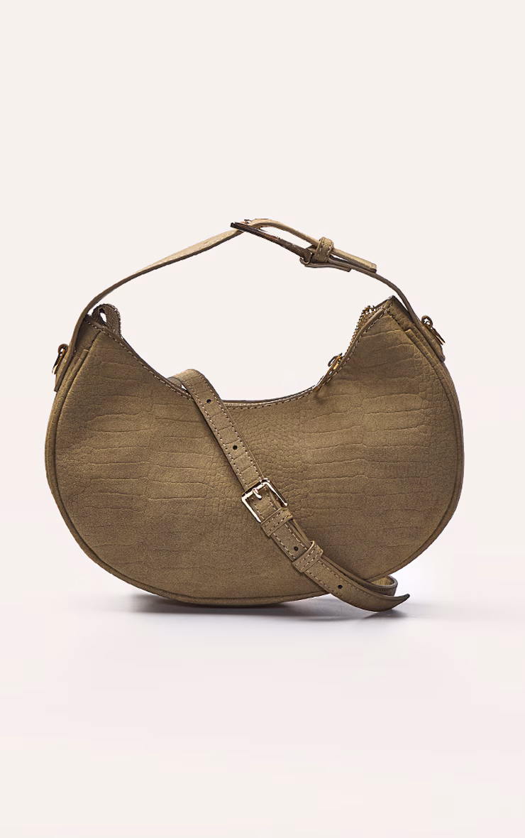 Olive Faux Suede Croc Crescent Shoulder Bag