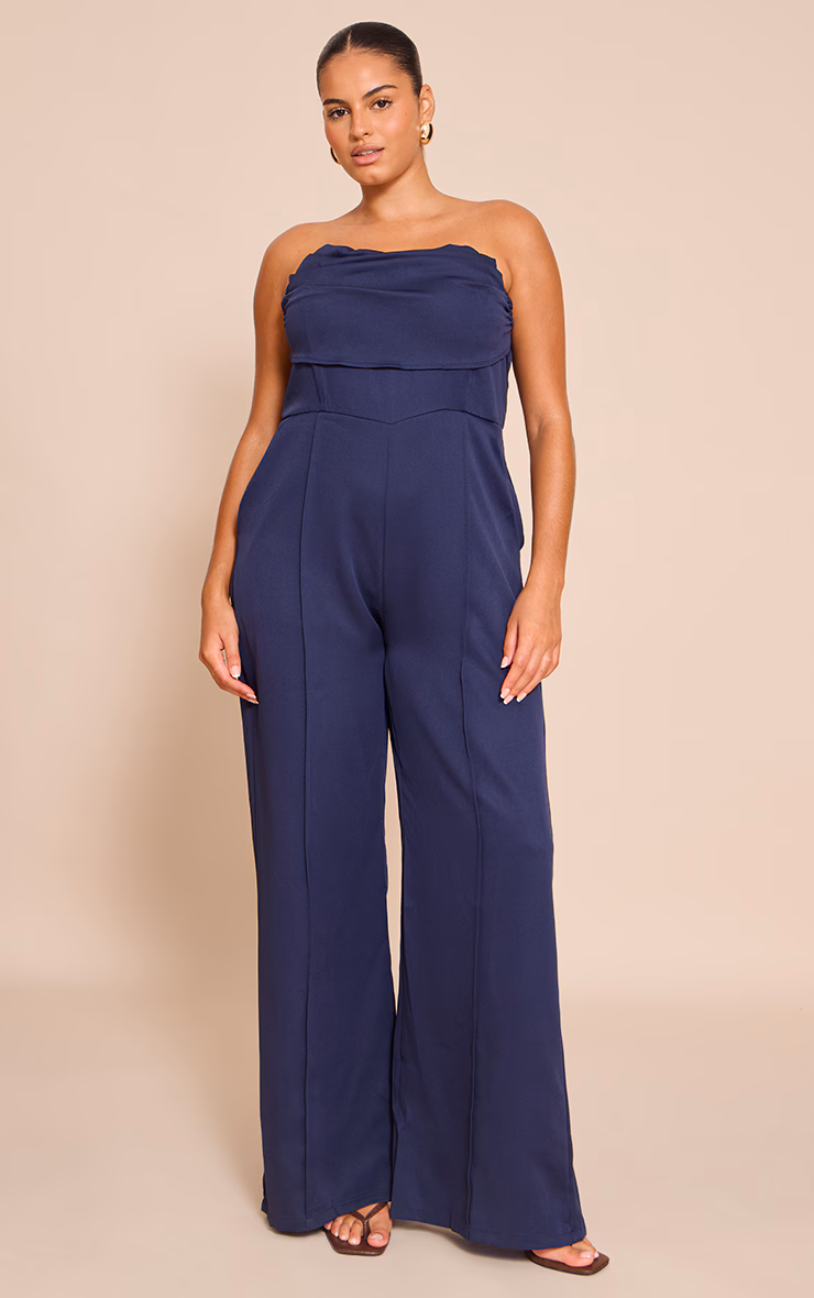 Plus Navy Bandeau Cowl Neck Pocket Detail Jumpsuit