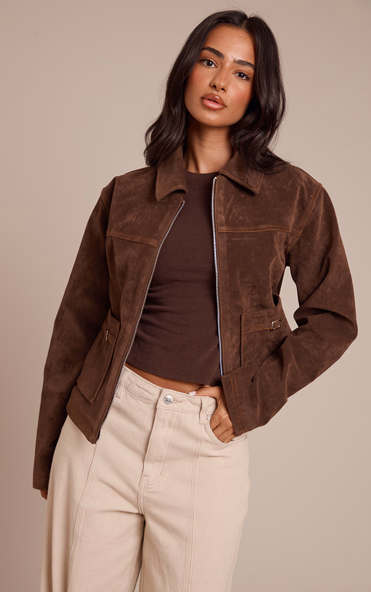 Petite Chocolate Brown Pocket Detail Faux Suede Jacket