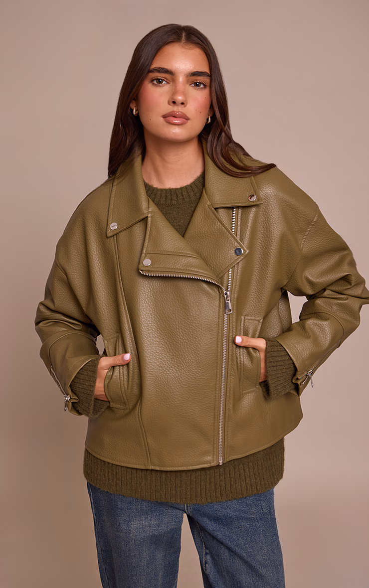 Olive Faux Leather Oversized Biker Jacket