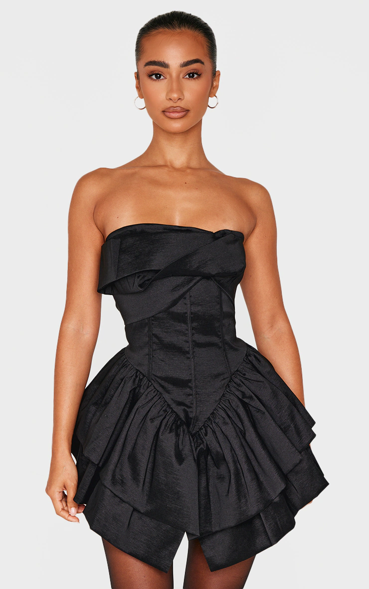 Petite Black Bandeau Corset Detail Ruffle Hem Mini Dress