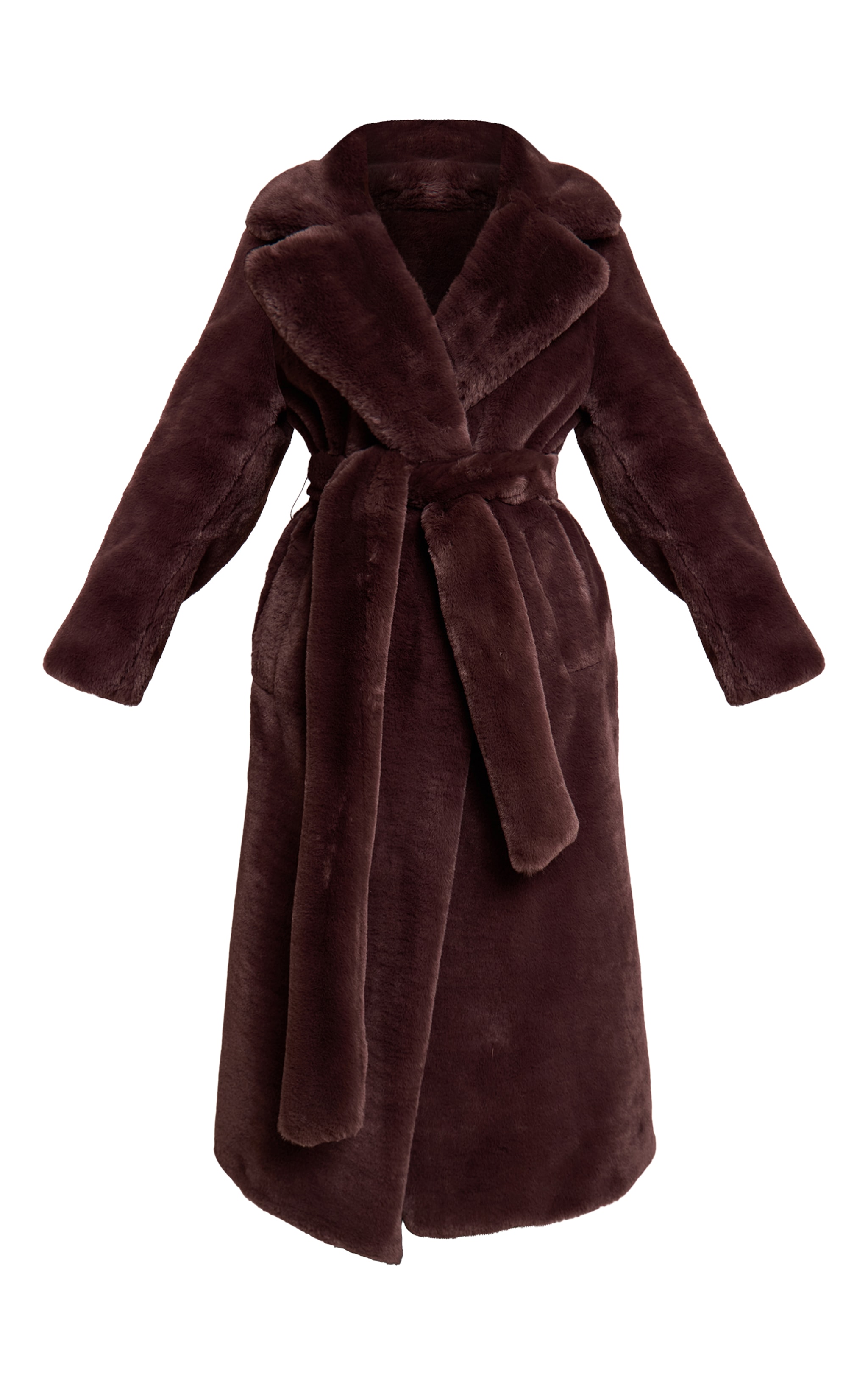 Petite Chocolate Faux Fur Tie Waist Maxi Coat