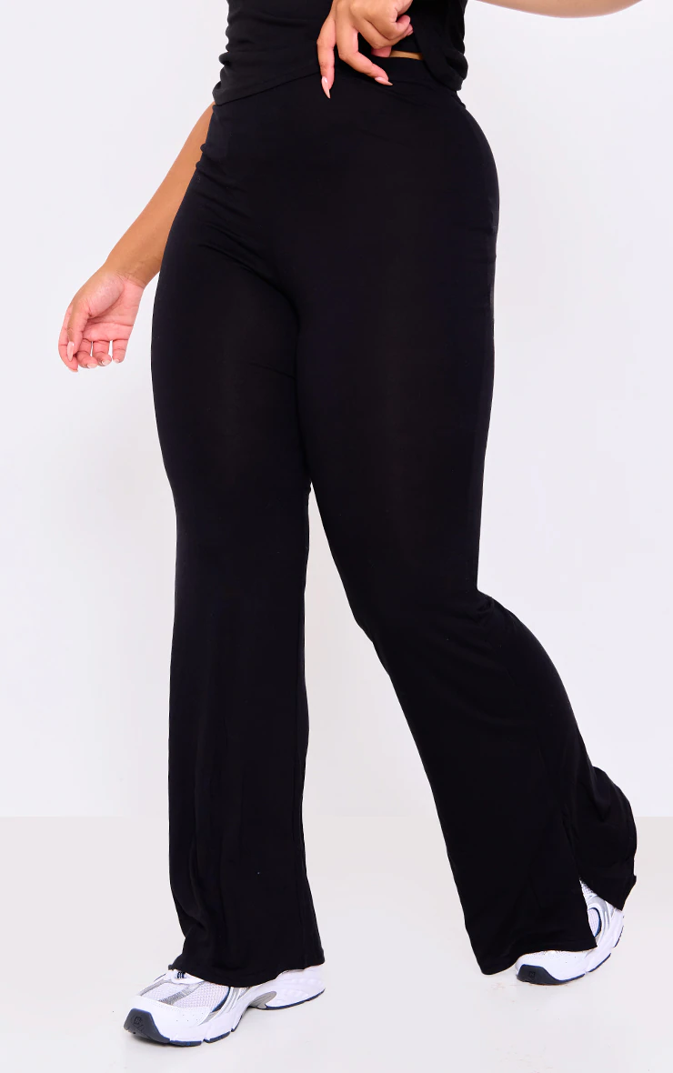 Plus Black Jersey Split Hem Flared Pants