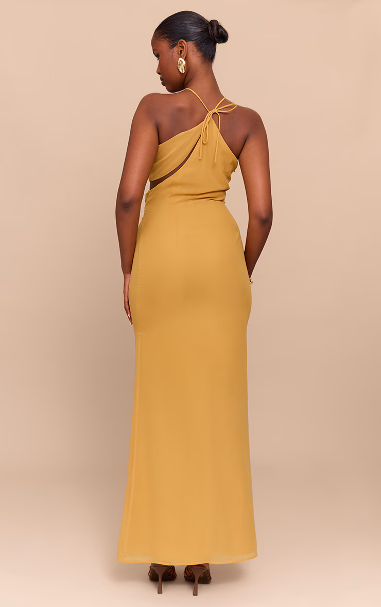 Mustard Chiffon Cut Out Draped Maxi Dress
