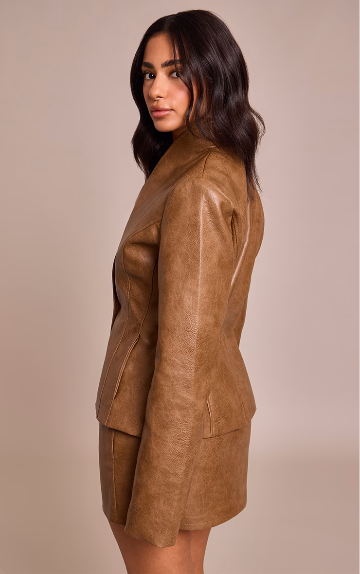 Petite Chocolate Faux Leather Collarless Cinched Blazer