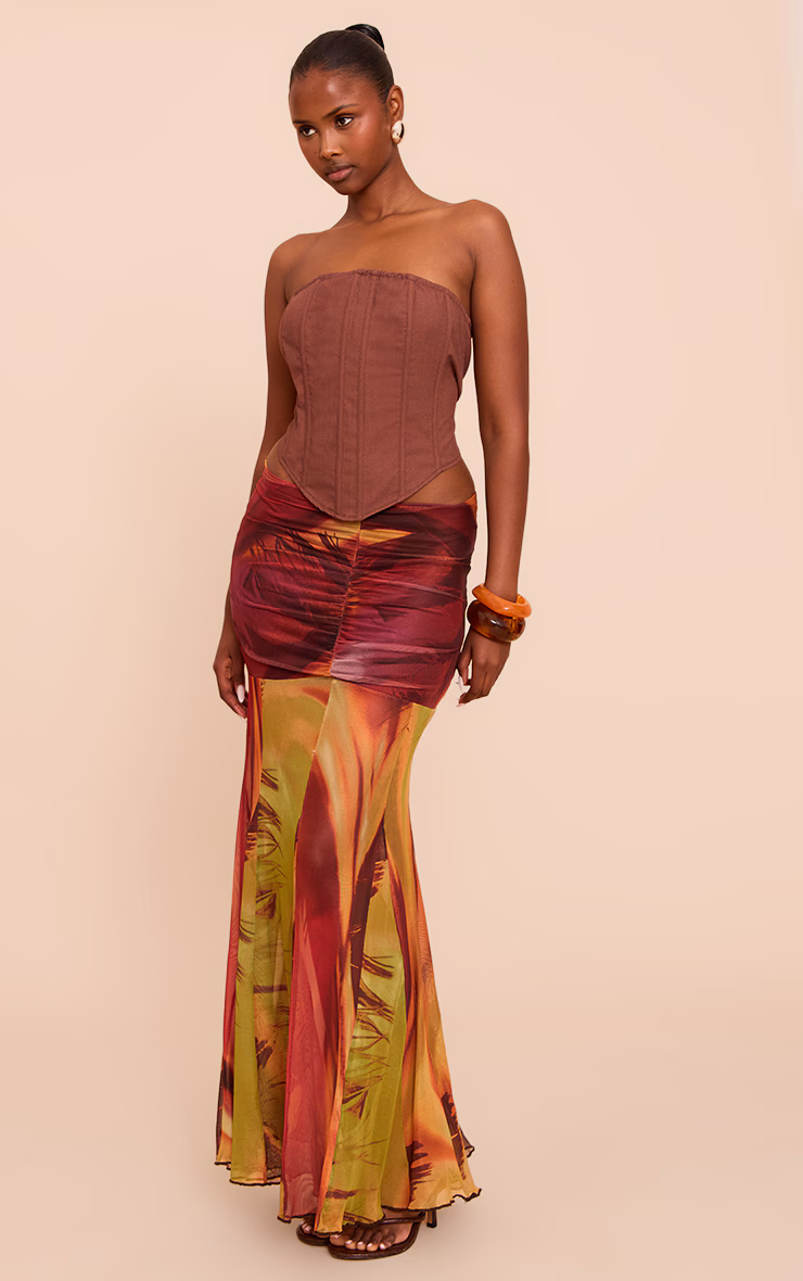 Orange Printed Mesh Overlay Maxi Skirt
