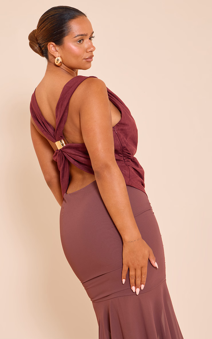 Shape Wine Faux Suede Cowl Neck Gold Trim Top