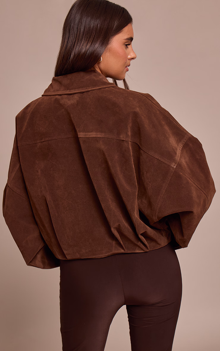 Chocolate Faux Suede Covered Placket Bomber Jacket