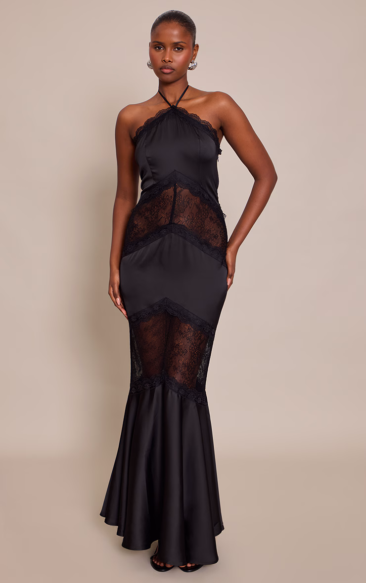 Black Satin Halterneck Lace Maxi Dress