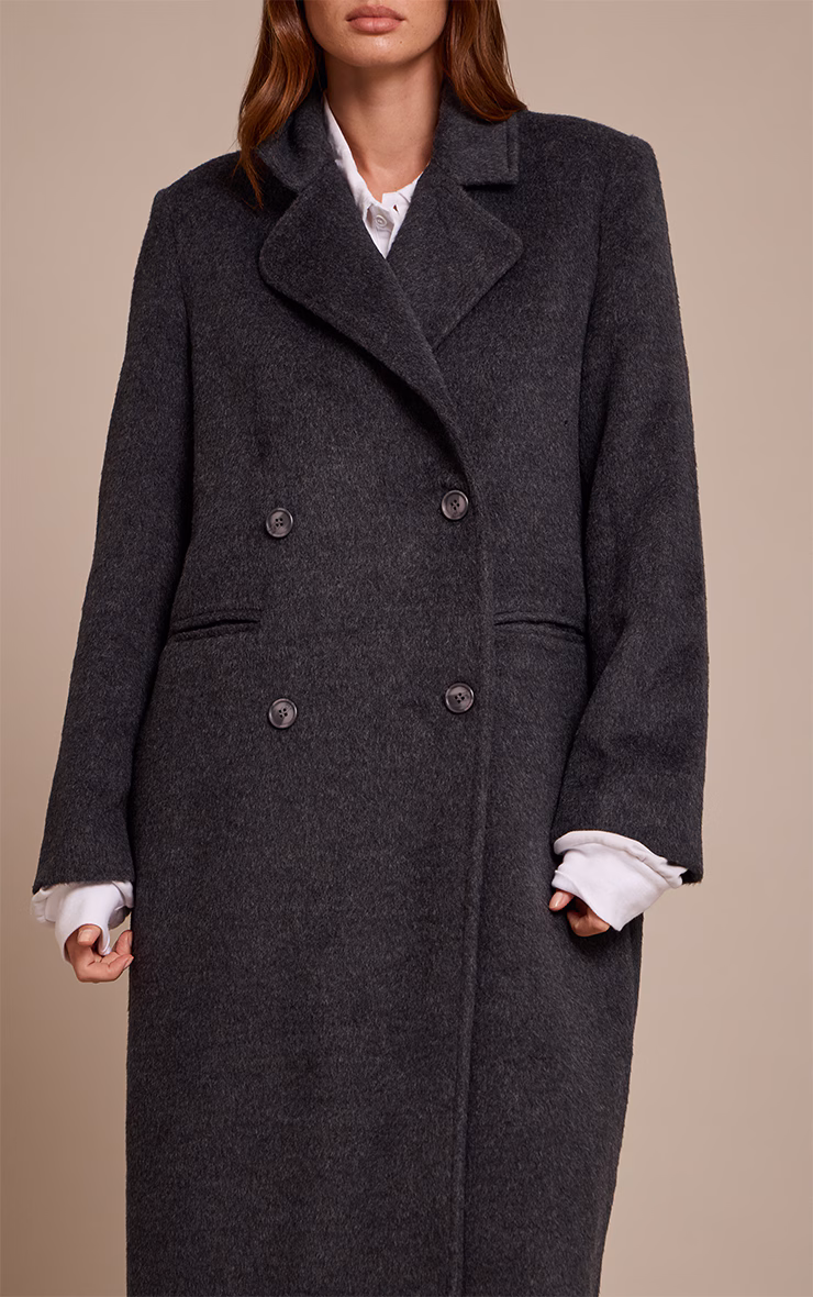 Dark Grey Structured Double Breasted Wool Look Maxi Coat