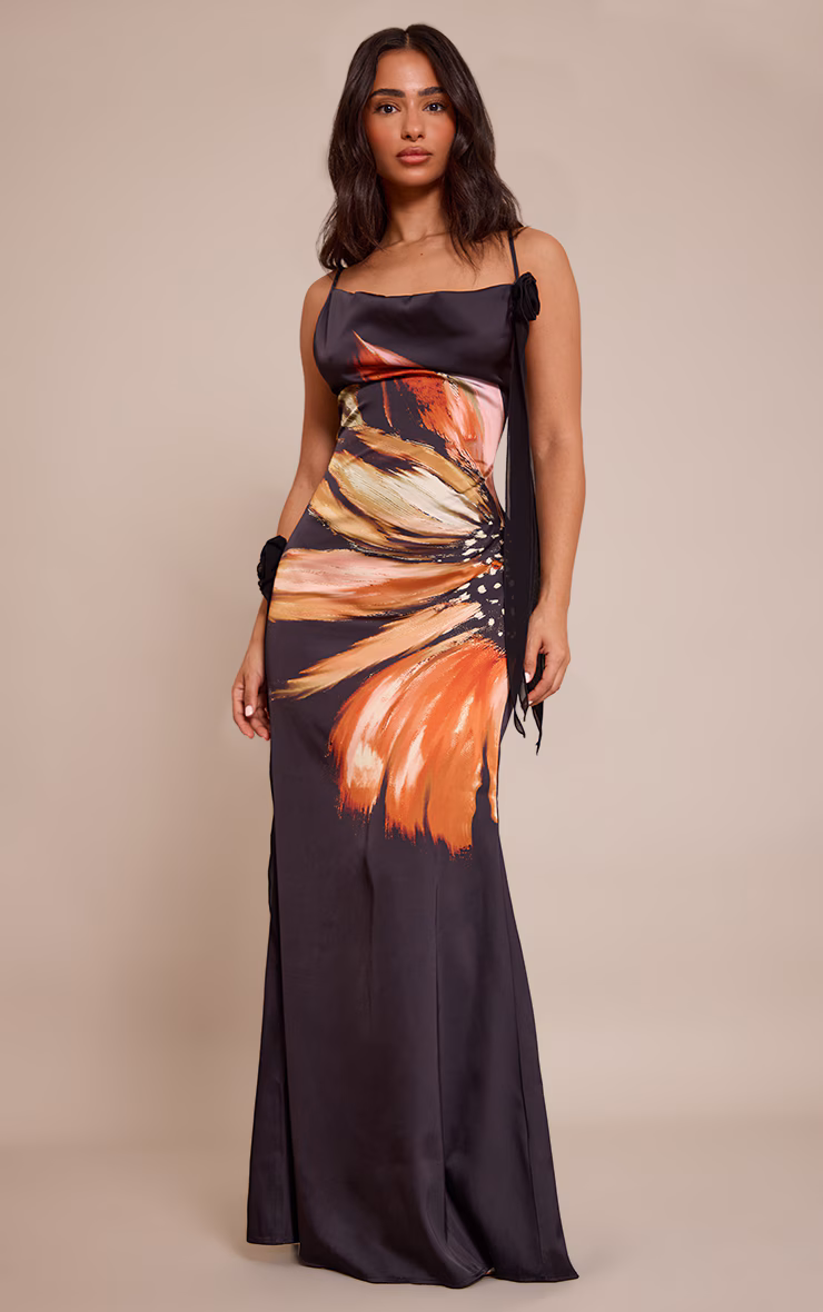 Petite Printed Satin Floral Drape Cowl Neck Maxi Dress
