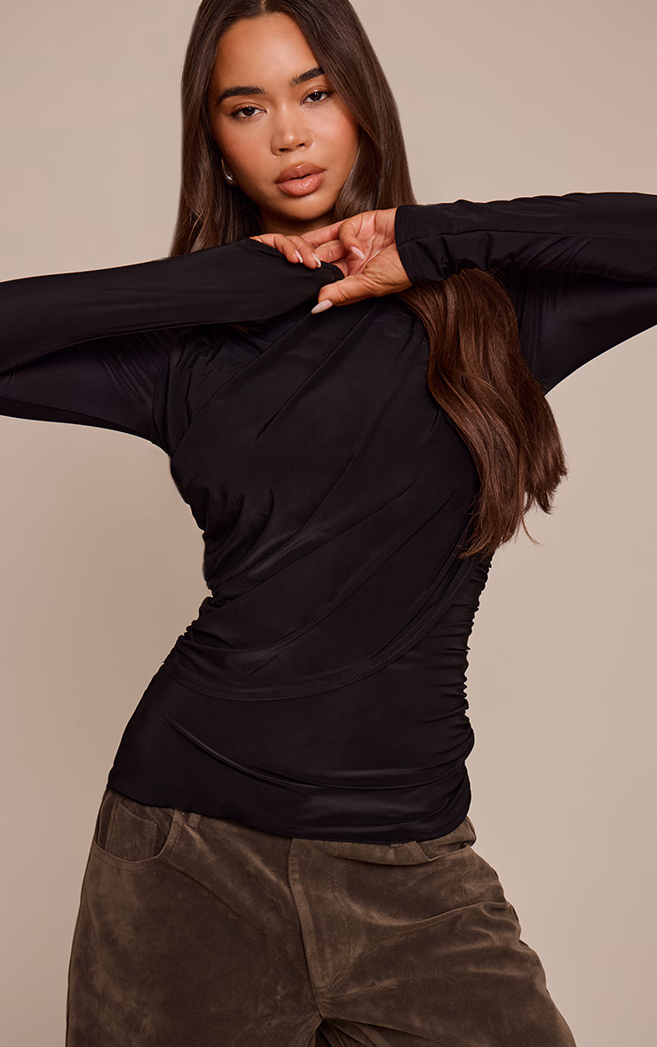 Black Double Layer Slinky Cape Detail Long Sleeve Top