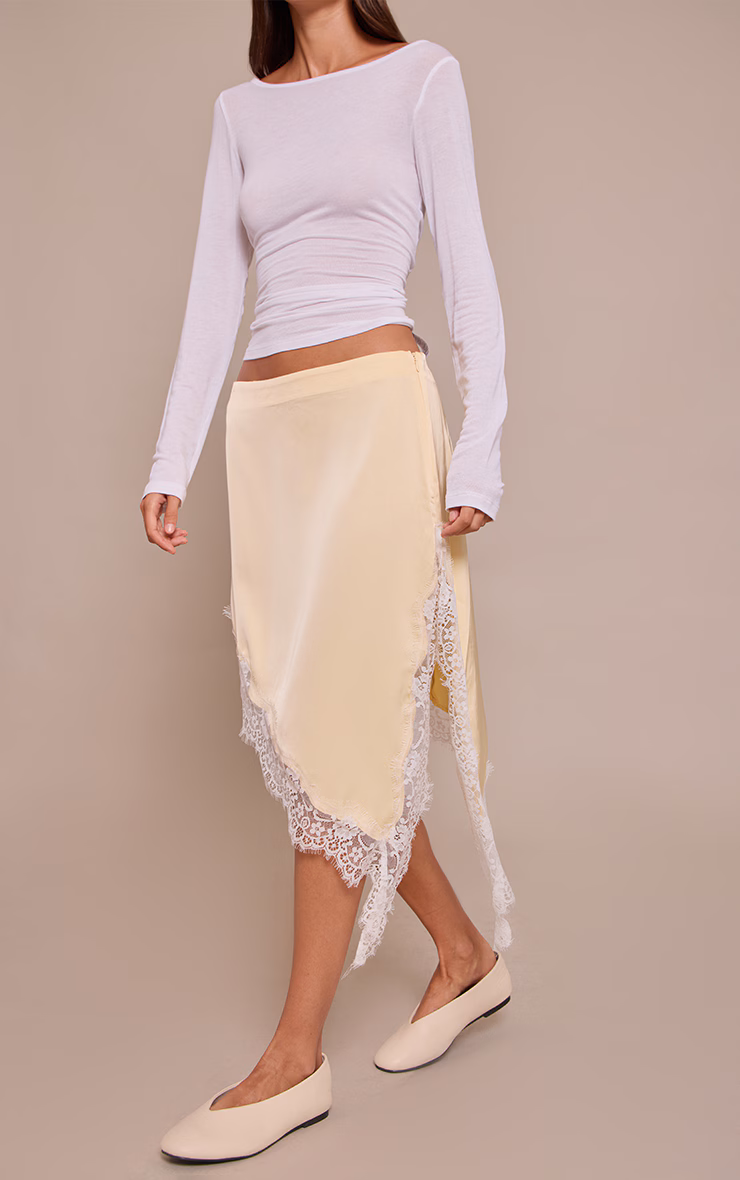 Lemon Satin Lace Trim Asymmetric Midi Skirt