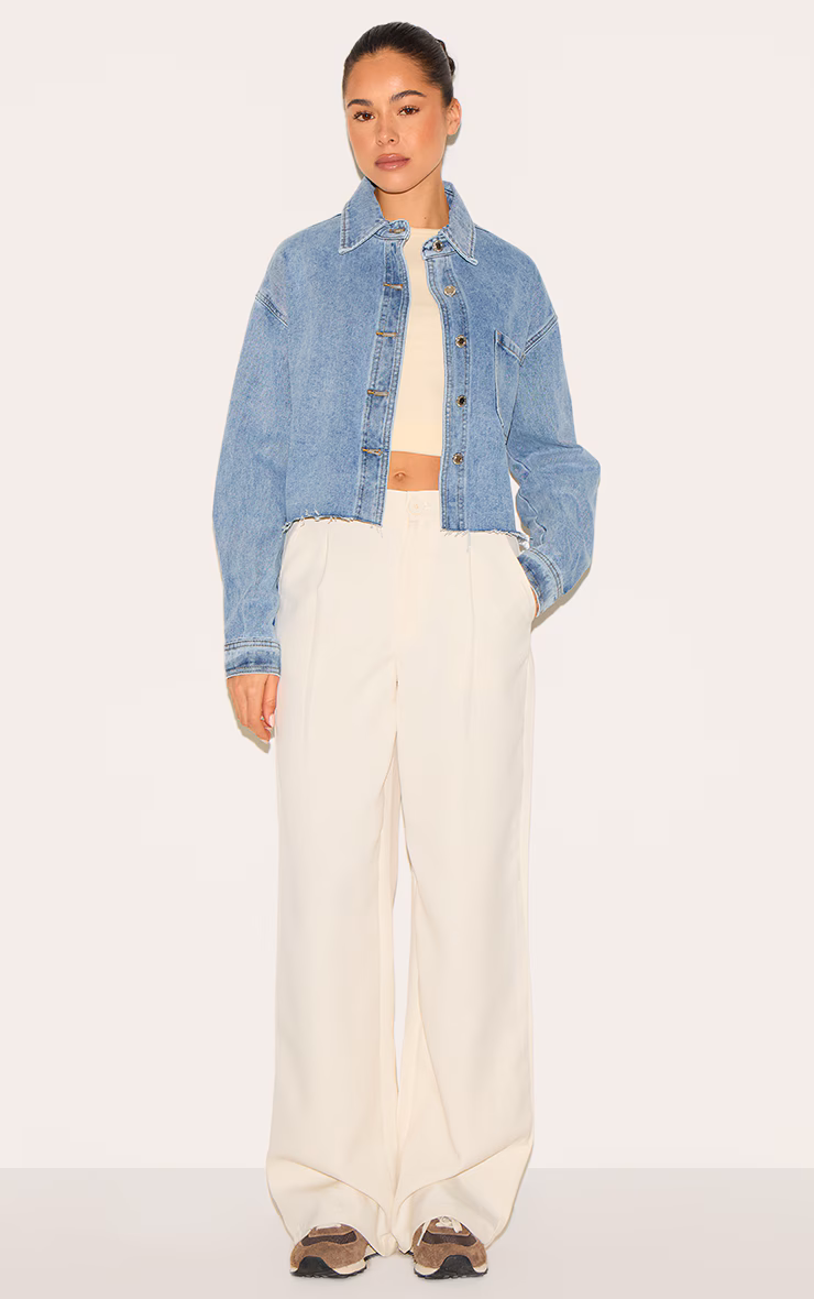 Mid Blue Wash Raw Hem Cropped Denim Shirt