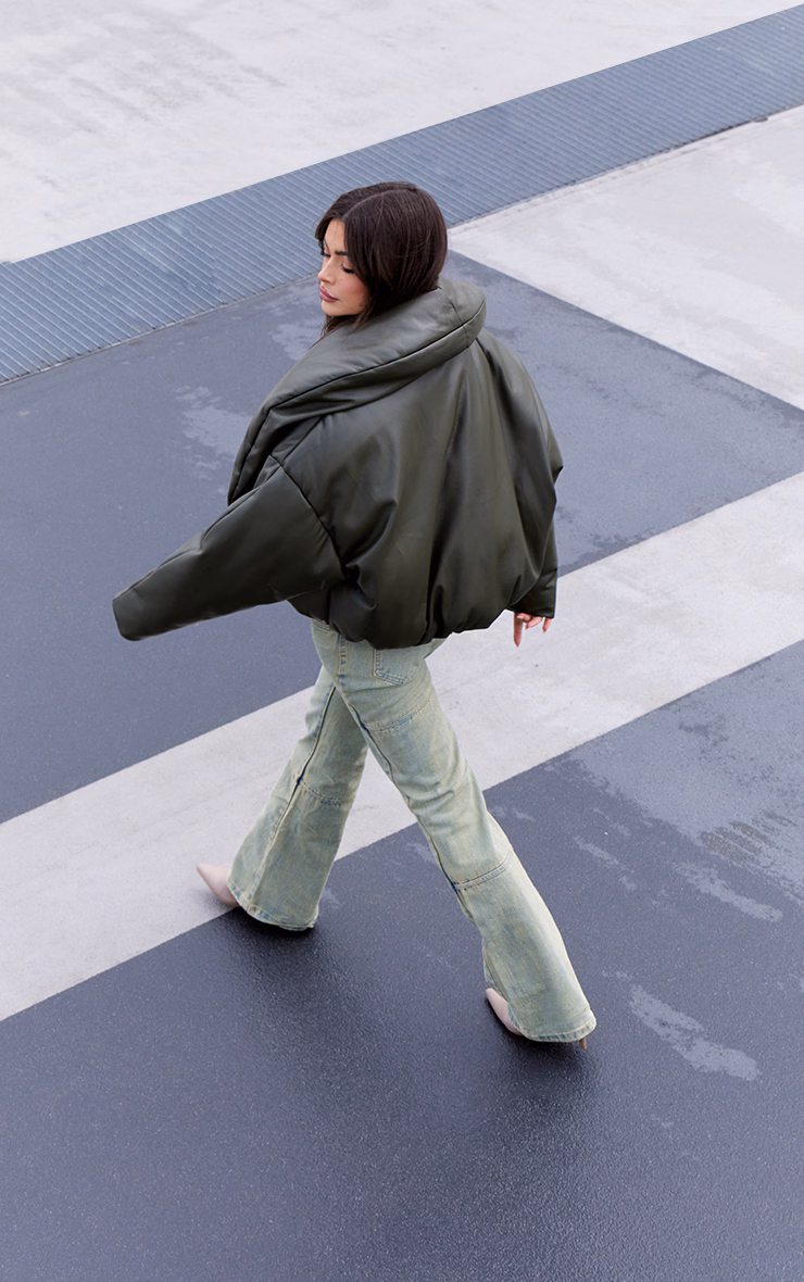 Khaki Exaggerated Collar PU Cropped Puffer Coat