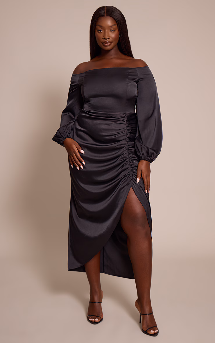 Plus Black Satin Bardot Ruched Side Midi Dress