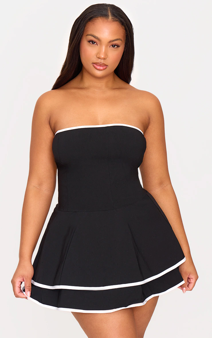 Plus Black Stretch Woven Contrast Tiered Shift Dress