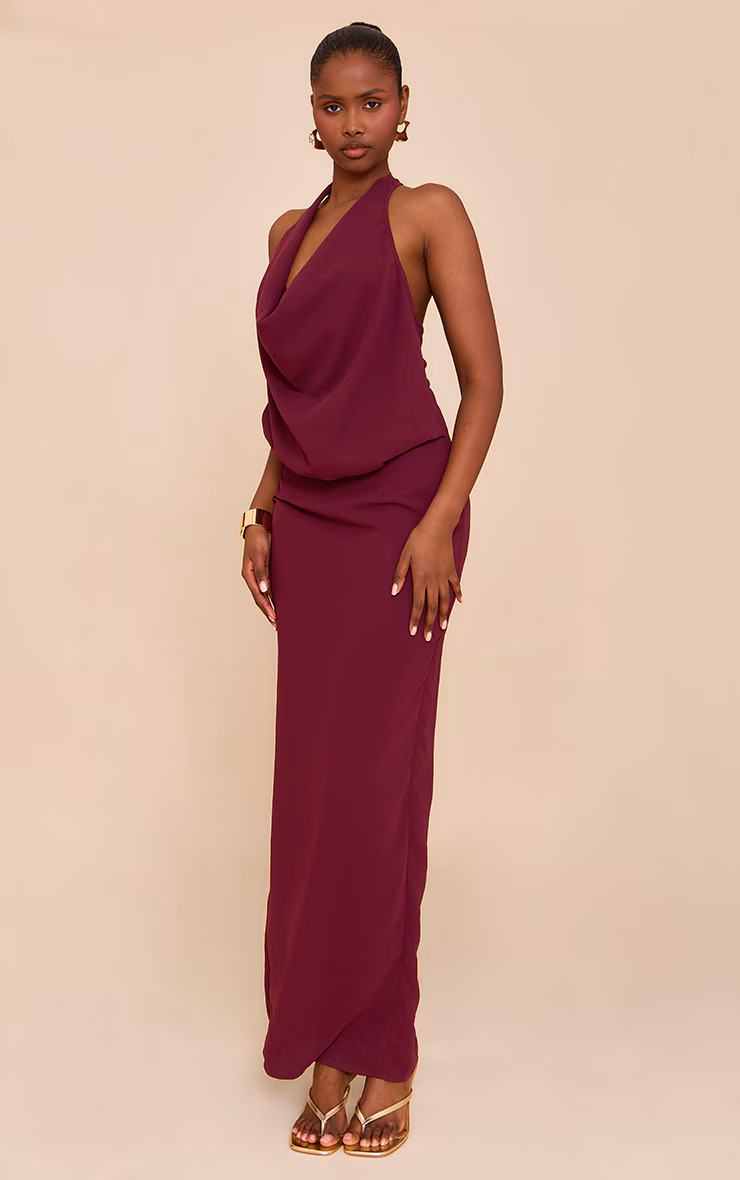 Plum Chiffon Cowl Neck Maxi Dress