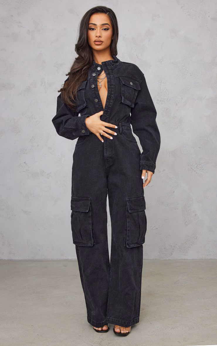 Petite Black Denim Cargo Wide Leg Jumpsuit