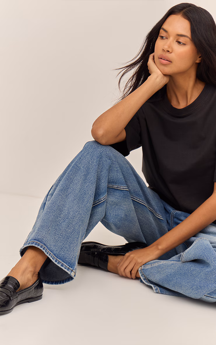 Mid Blue Low Rise Barrel Jeans